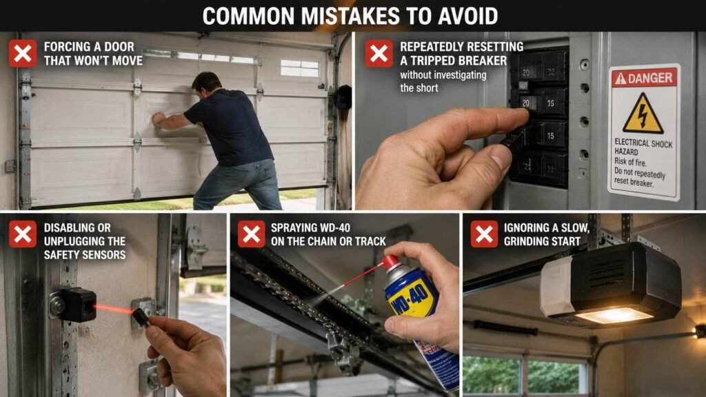 Infographic showing common garage door opener mistakes like forcing door, resetting breaker, disabling sensors, and improper lubrication