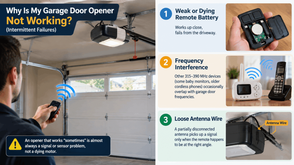 Garage door opener remote with weak battery, signal interference, and loose antenna