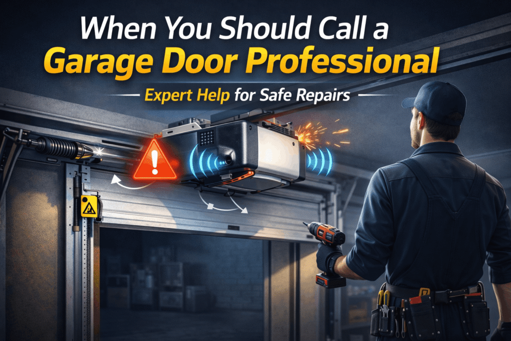 Garage door opener making noise but not moving – when you should call a garage door professional, showing a technician fixing a malfunctioning door with alerts and sparks