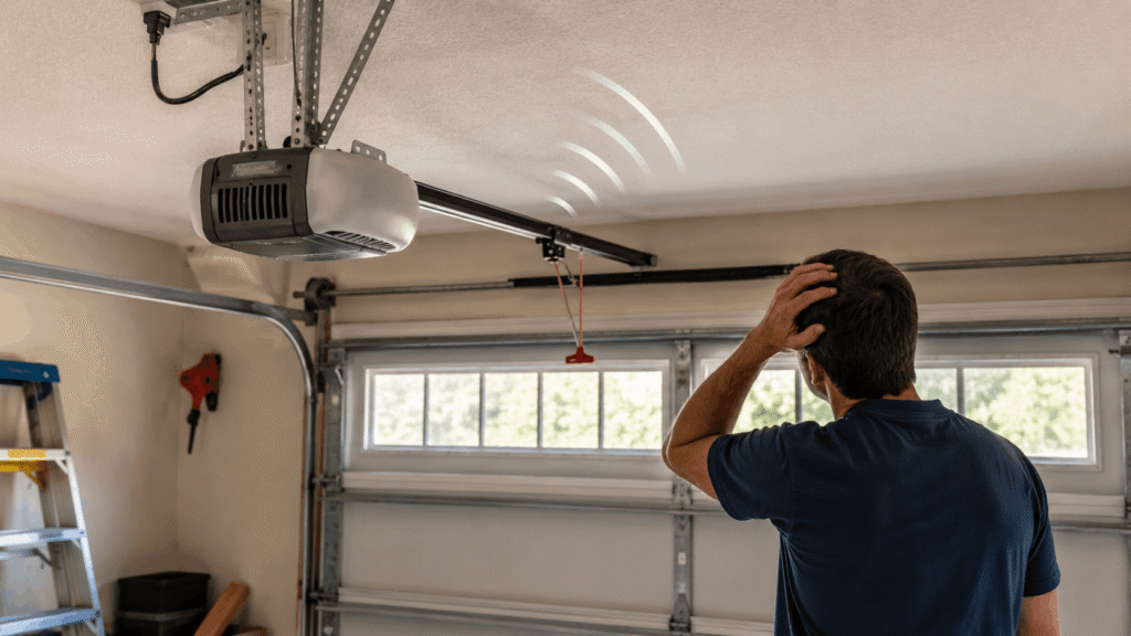 Garage door opener motor running with door not moving and homeowner looking confused inside garage