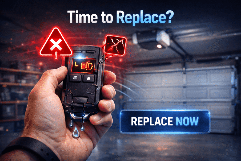 Garage door opener remote control not working – hand holding damaged remote with low battery and alert icons in modern garage