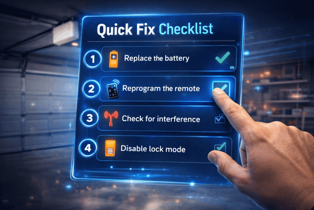 Garage door opener remote control not working – step-by-step troubleshooting quick fix checklist with hand interacting with steps in modern garage