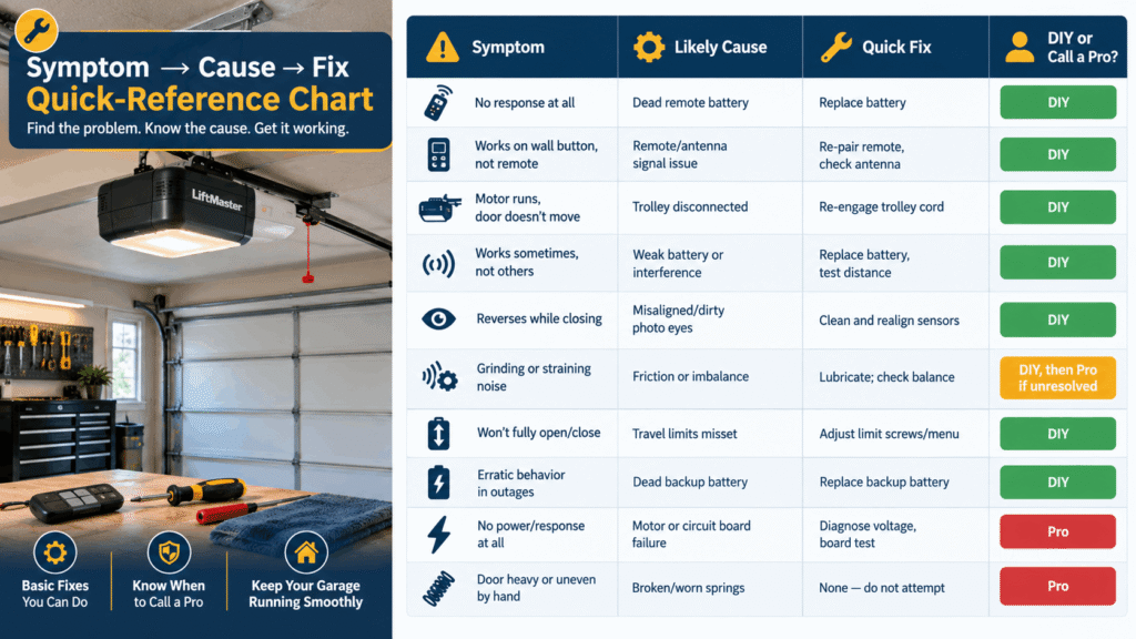 Garage door opener symptom cause and fix troubleshooting chart