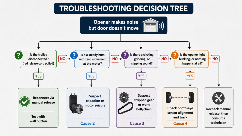Garage door opener troubleshooting flowchart showing causes when opener makes noise but door does not move