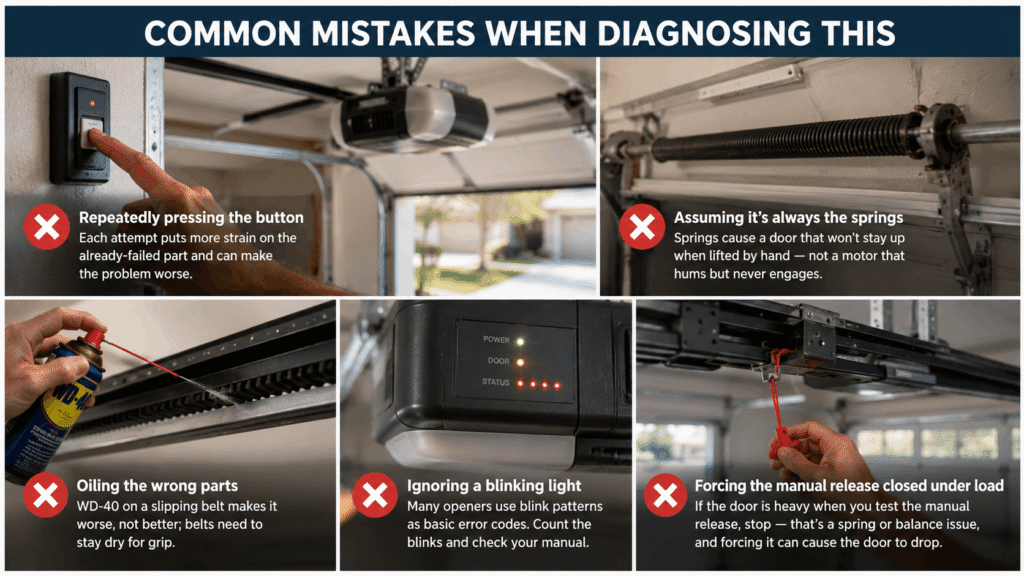 Infographic showing common mistakes when diagnosing a garage door opener that makes noise but does not move