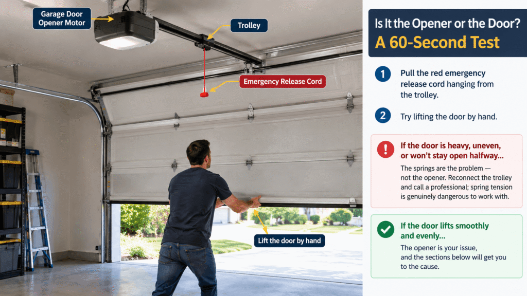 Homeowner manually testing a garage door after pulling the emergency release cord
