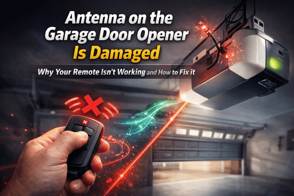 Garage door remote not working but wall button works – hand holding a remote with broken signal waves and a damaged garage door opener antenna sparking in the background