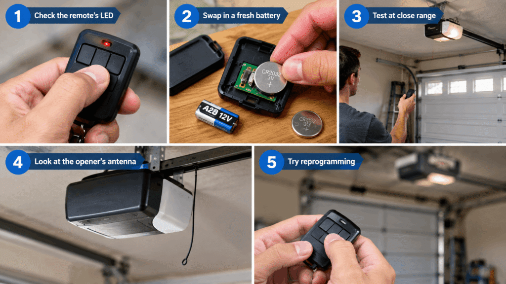 Five-step visual checklist showing garage door remote troubleshooting including LED check, battery replacement, range test, antenna inspection, and reprogramming