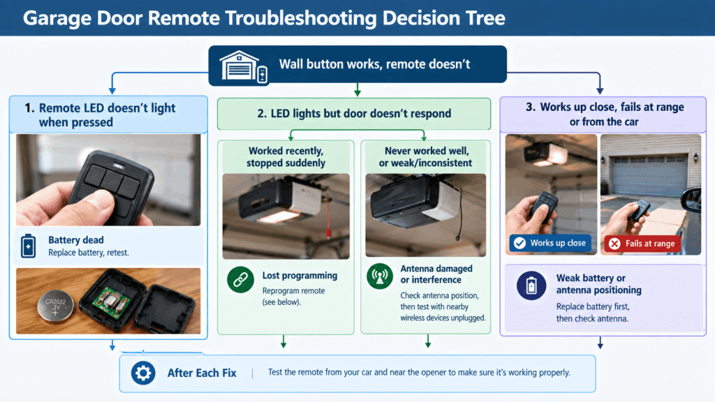 Visual flowchart showing garage door remote troubleshooting steps including battery check, programming reset, antenna inspection, and range testing