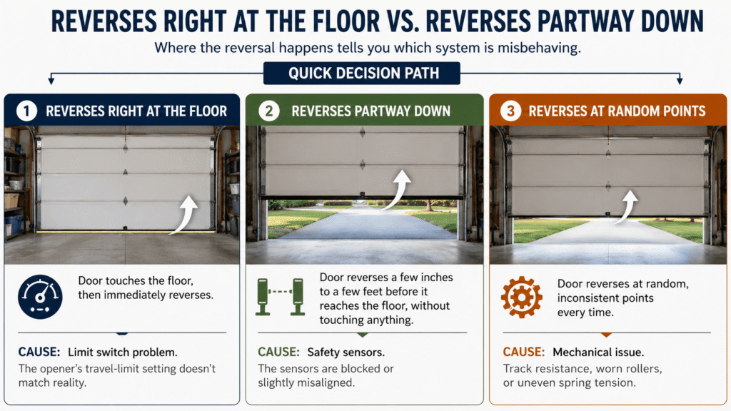 Infographic showing garage door reversing at floor, halfway, and random points with causes explained