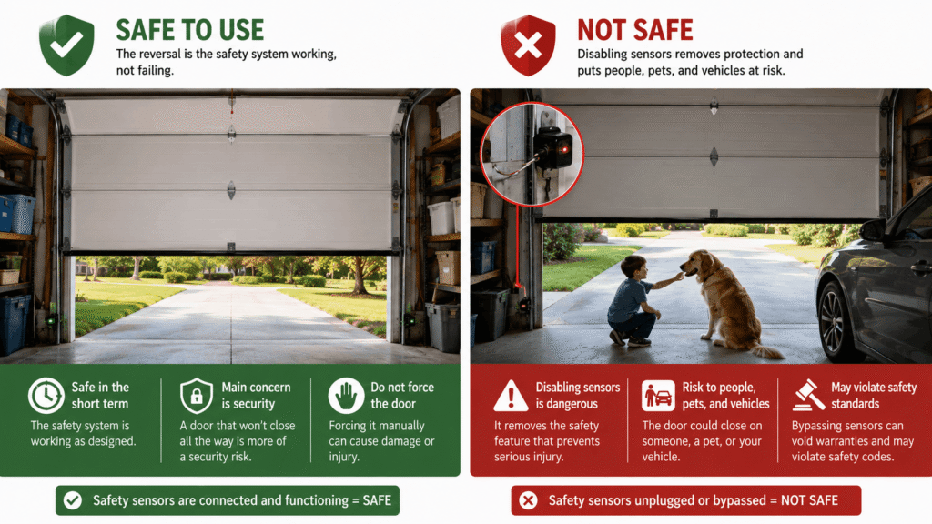 Split infographic showing safe garage door reversal vs unsafe disabled safety sensors with risks