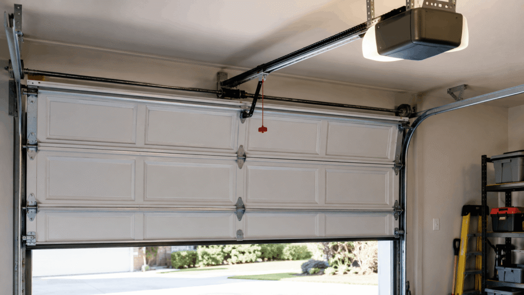 Garage door stuck halfway with opener rail visible above