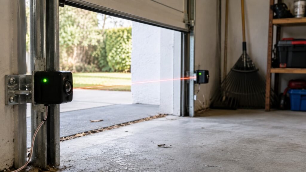 Garage door safety sensors aligned with visible beam near floor preventing door from closing due to obstruction or misalignment