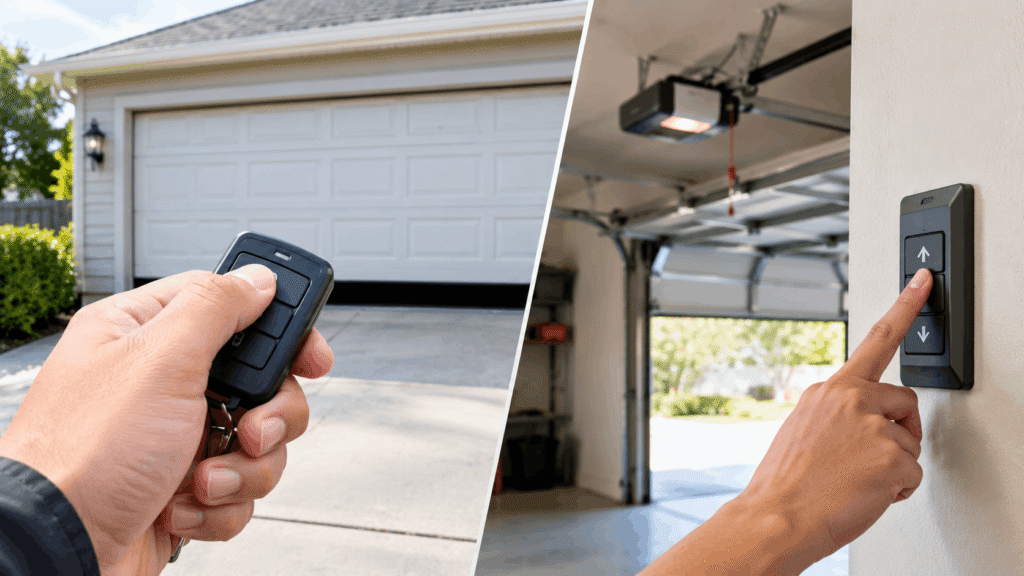 Split image showing hand pressing garage remote outside and wall button inside garage working