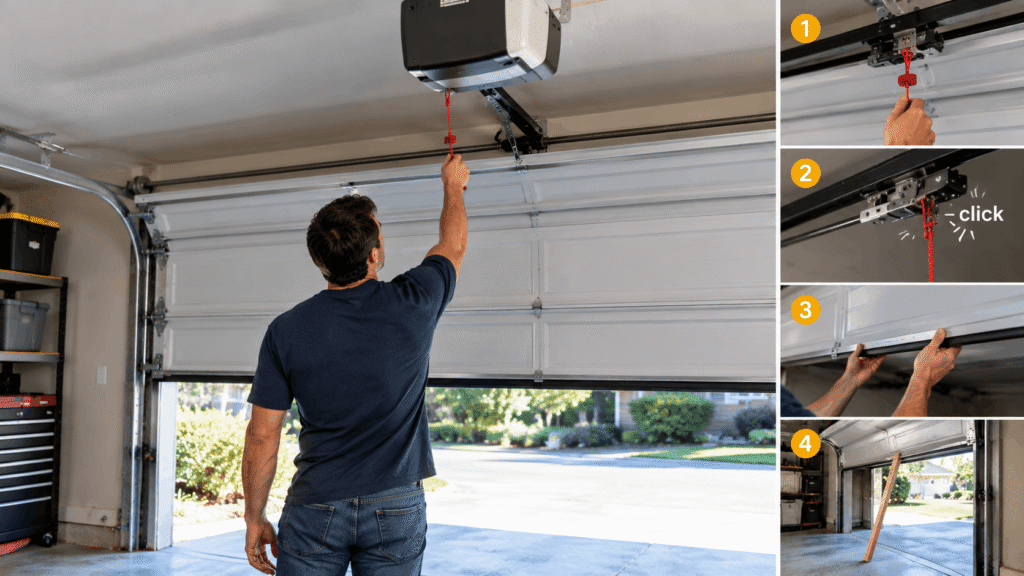 How to safely manually open a stuck garage door using the emergency release cord