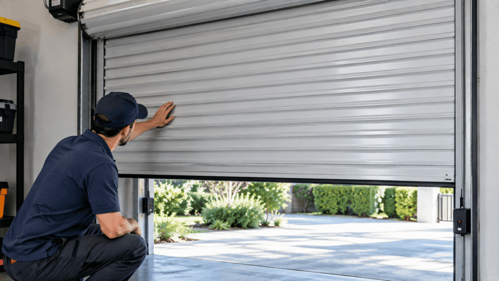 Roller garage door stuck halfway with guide tracks visible