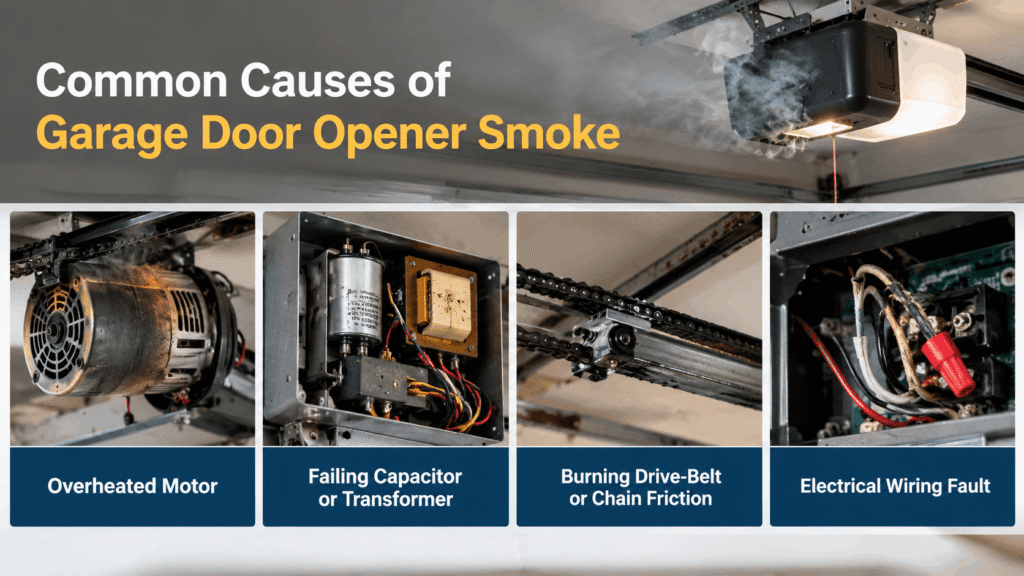 Common causes of garage door opener smoke including overheated motor, failing capacitor, chain friction, and wiring fault