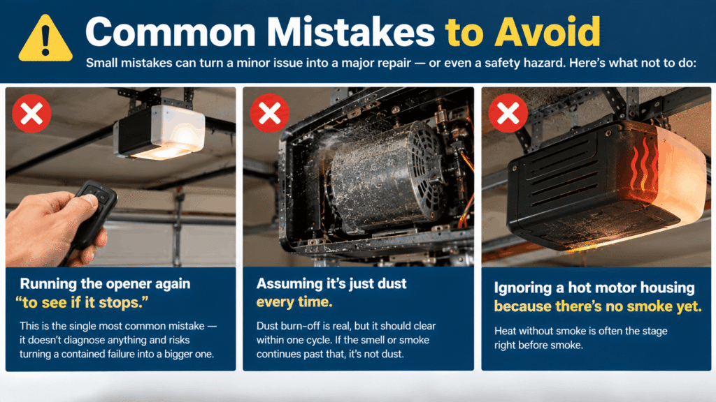 Common garage door opener mistakes to avoid, including repeated testing, ignoring smoke, and overlooking an overheated motor