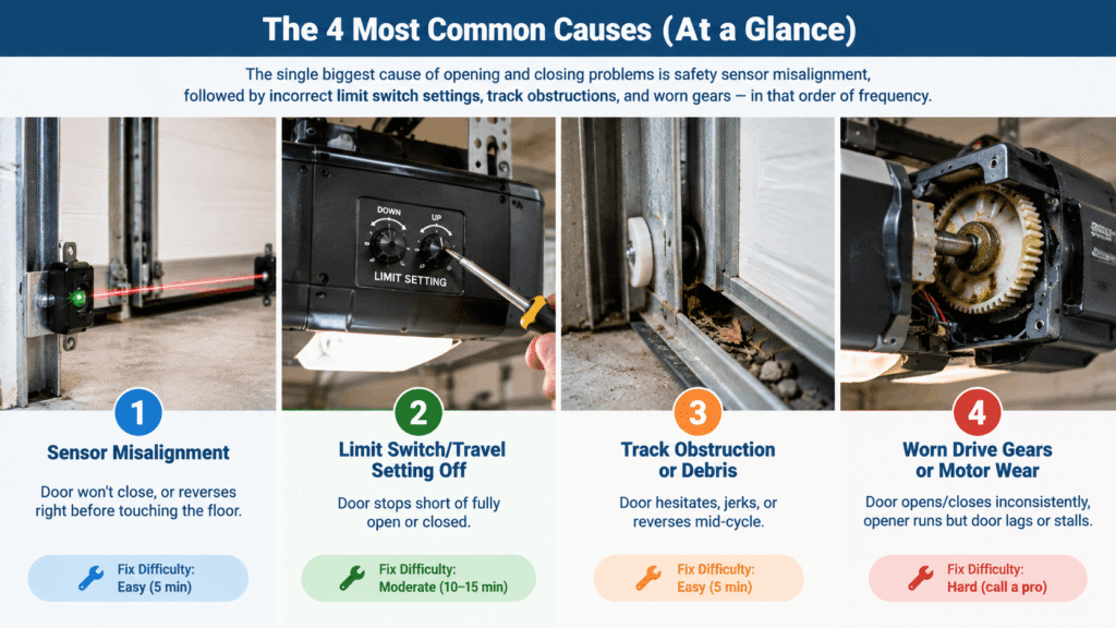 4 common garage door opener problems including sensor misalignment, limit switch issues, track obstructions, and worn drive gears