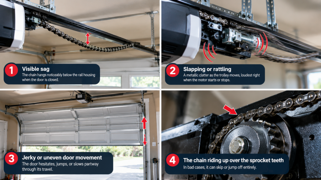 Infographic showing four signs of a loose garage door opener chain including sagging, rattling, jerky movement, and slipping on sprocket