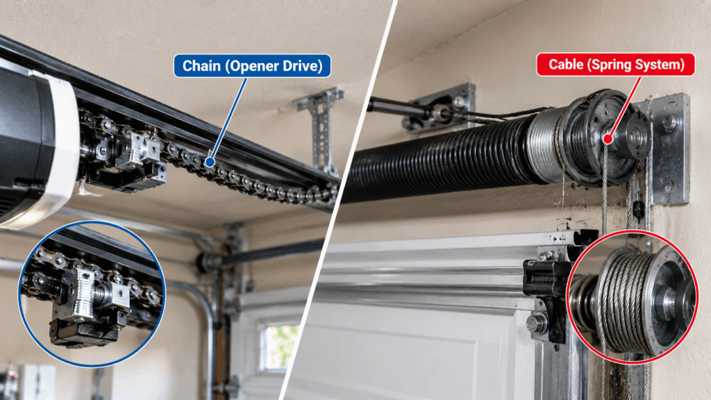 Side by side comparison of garage door opener chain on rail and cable on spring drum system