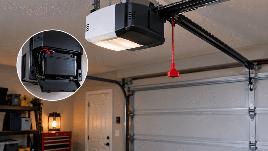 Garage door opener with battery backup compartment and red manual release cord in a residential garage