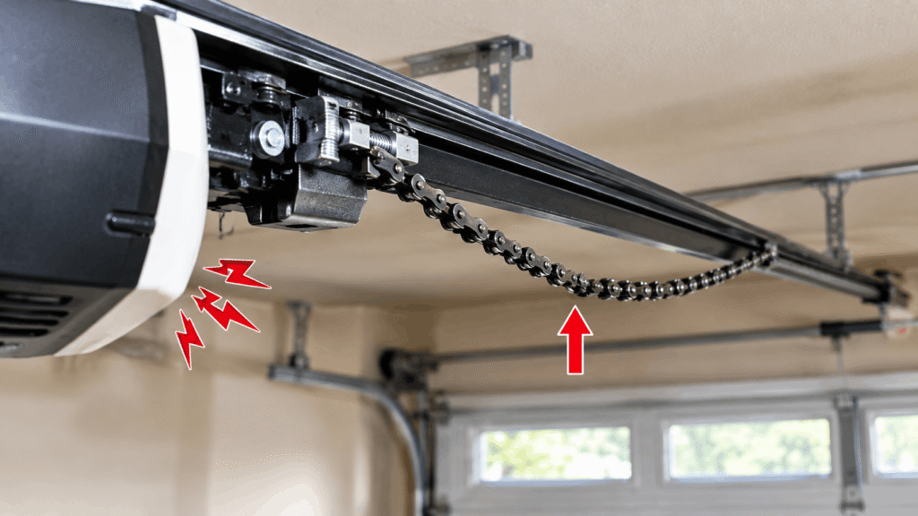 Loose garage door opener chain sagging on rail causing rattling noise