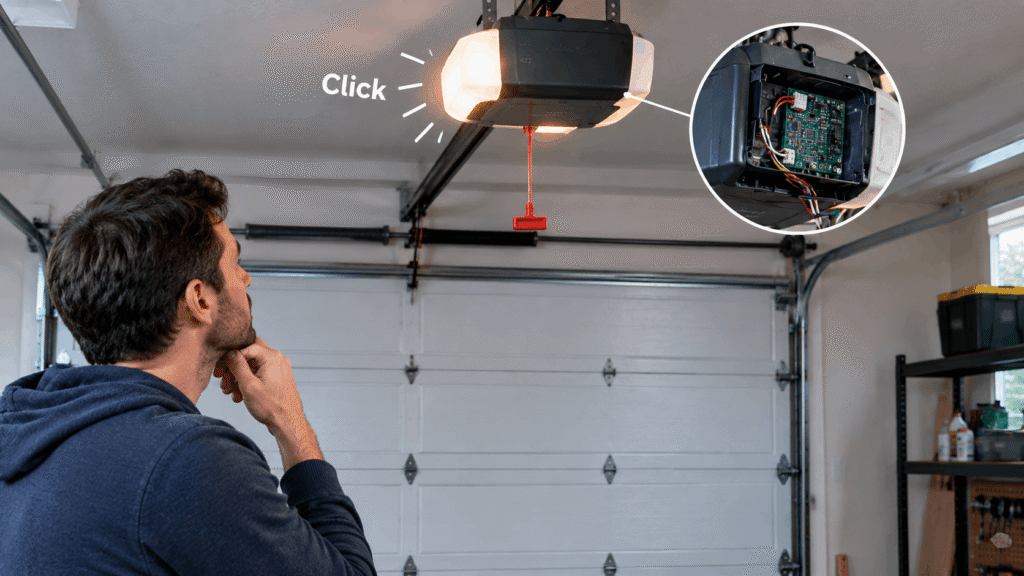 Garage door opener clicking but not moving with motor unit and internal circuit board visible