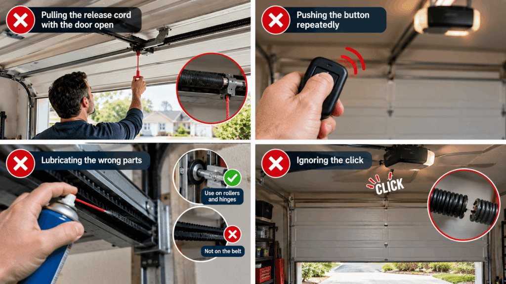 Common garage door opener mistakes including pulling release cord, repeated button pressing and wrong lubrication