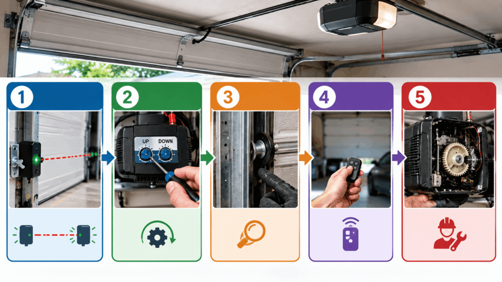 Garage door opener diagnostic decision tree for troubleshooting common problems