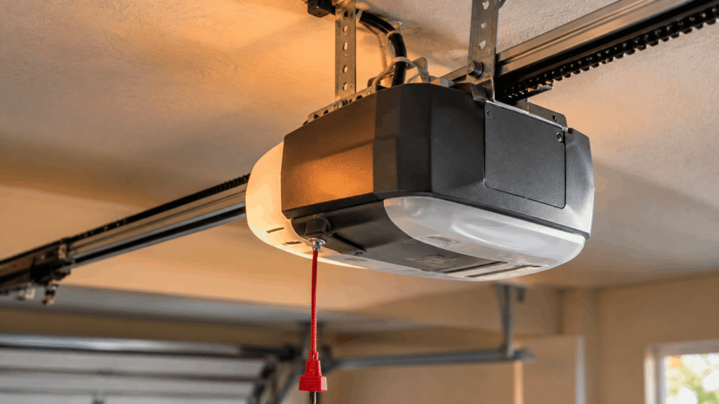 close-up of garage door opener motor unit on ceiling track with warm lighting suggesting overheating
