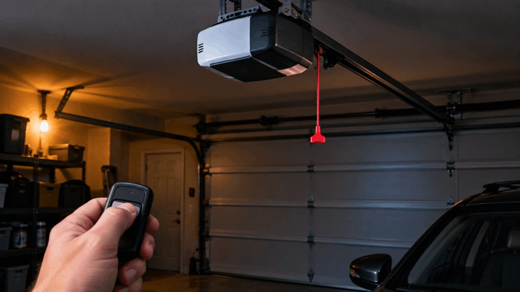 Hand pressing garage door remote with no response during power outage, opener unit and red manual release cord visible