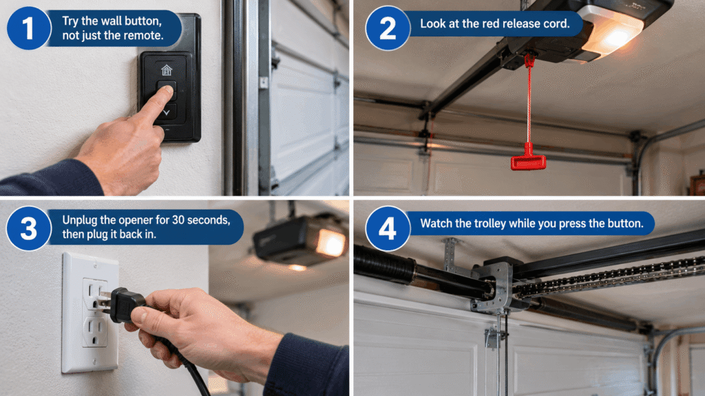 Garage door opener quick troubleshooting steps including wall button, release cord, power reset and trolley check