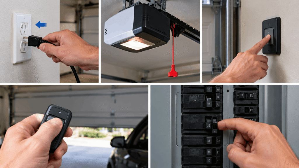 Unplugging and resetting a garage door opener after power outage with wall control and remote testing