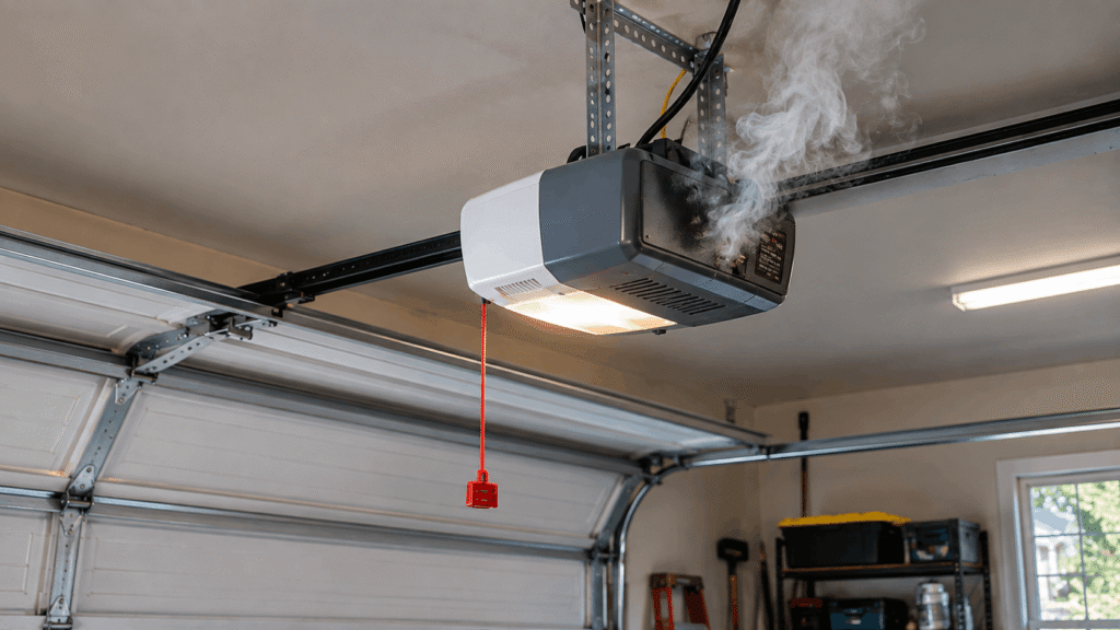 Ceiling-mounted garage door opener releasing light smoke due to overheating motor or electrical failure
