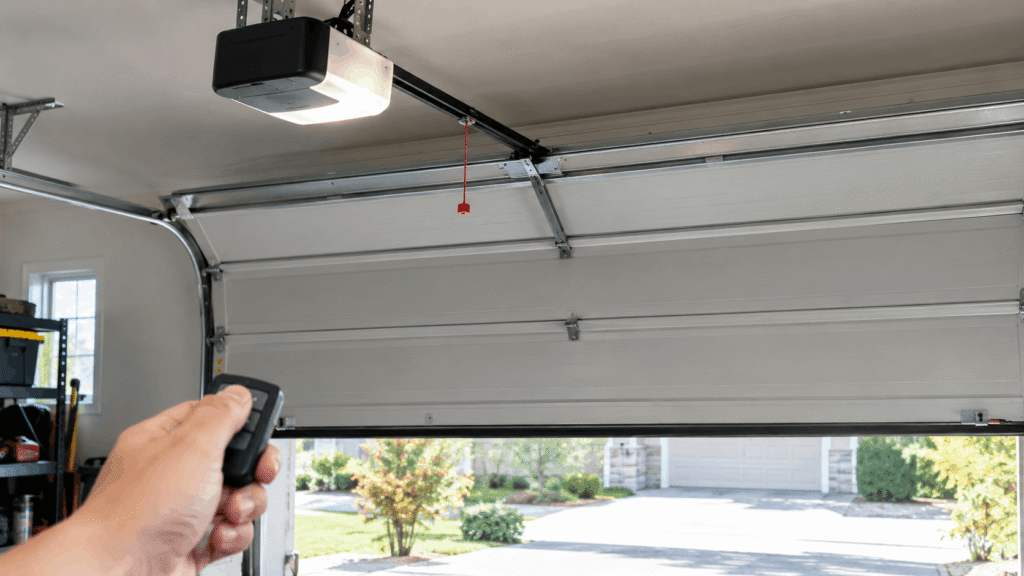 Garage door stuck halfway open while a person presses remote control inside garage with opener visible on ceiling