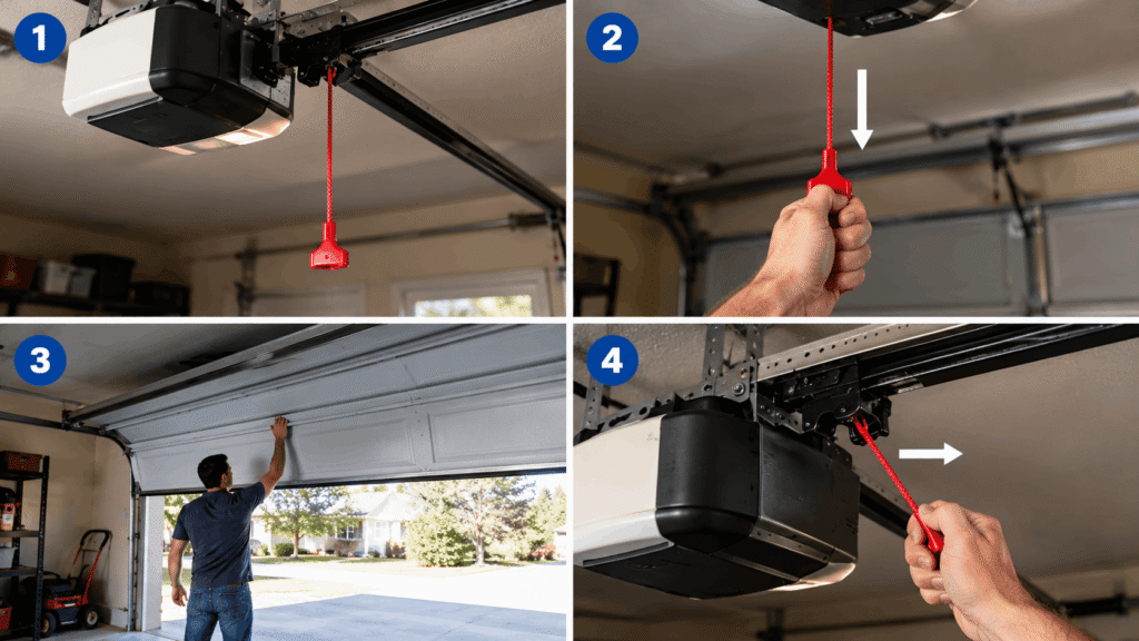 Person pulling red manual release cord to open garage door manually during a power outage