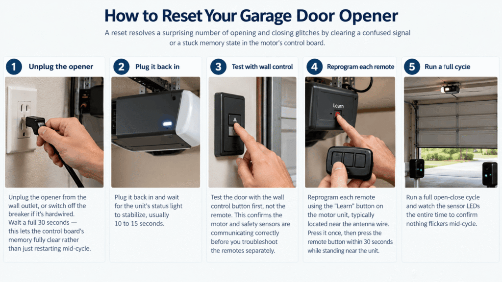 5 steps showing how to reset a garage door opener, reprogram the remote, test the wall control, and check safety sensors