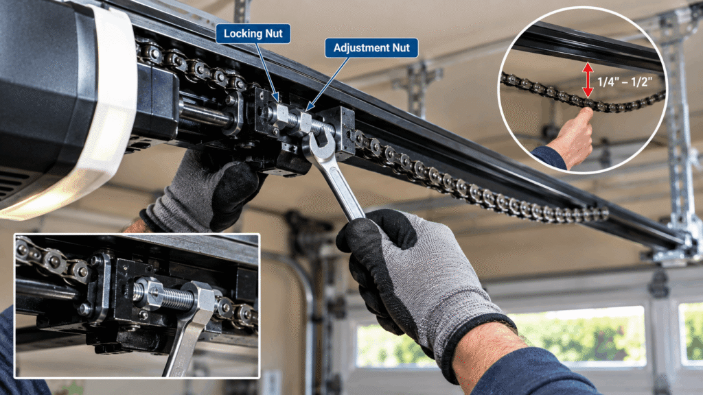 Hand using wrench to tighten garage door opener chain adjustment nut on trolley assembly