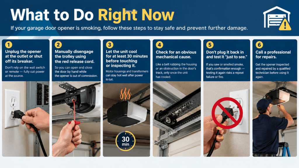 Steps to take when a garage door opener is smoking, including cutting power, cooling the unit, and avoiding a restart
