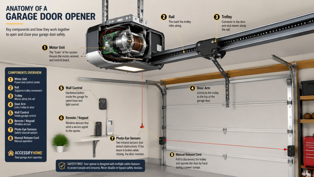 Anatomy of a garage door opener showing the motor unit, rail, trolley, door arm, wall control, remote, photo-eye sensors, and manual release cord.