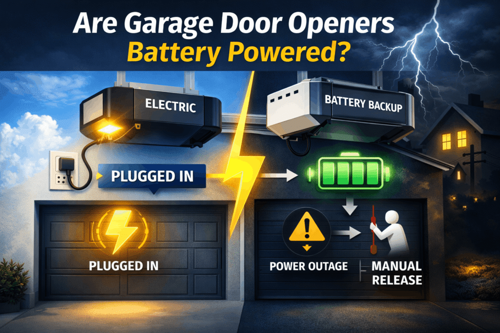 Are garage door openers battery powered – Comparison of electric and battery backup garage door openers with emergency power and manual release icons