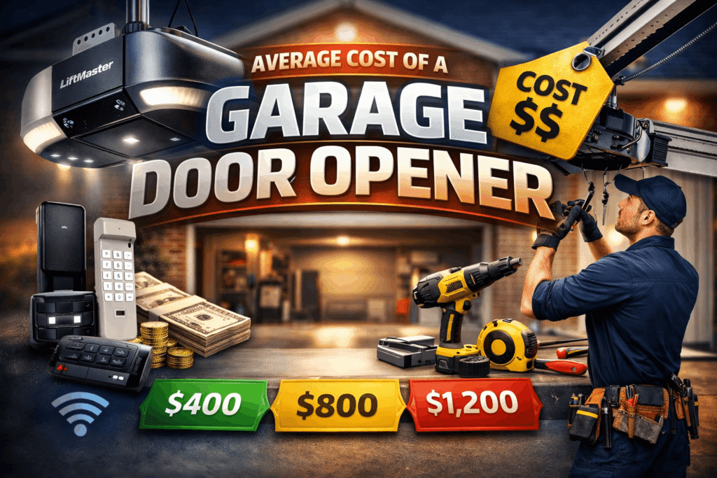 Average cost of a garage door opener infographic showing pricing, types, and installation with tools and technician