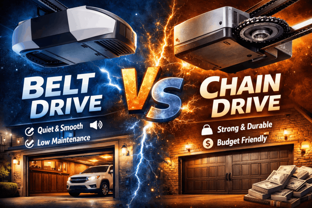 Belt drive vs chain drive garage door opener comparison showing quiet belt drive and strong chain drive