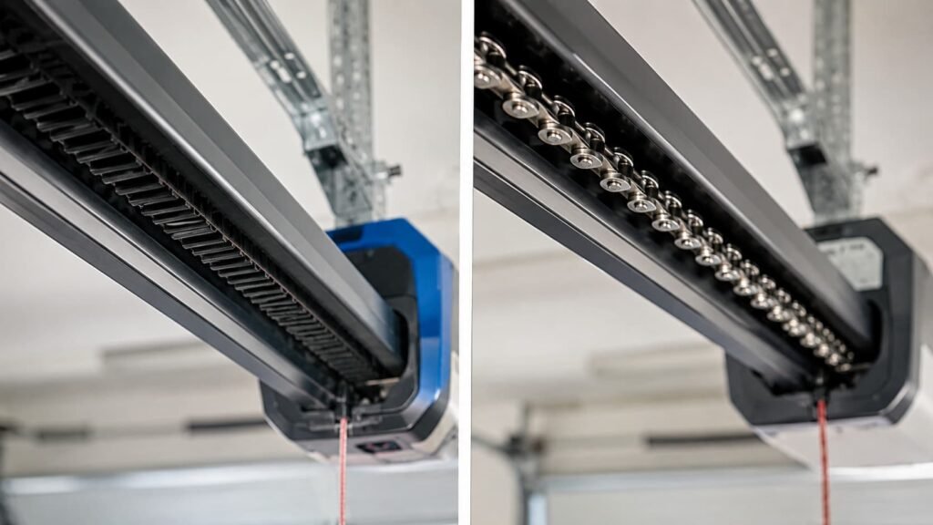 Belt drive vs chain drive garage door opener rails showing rubber belt and metal chain side by side
