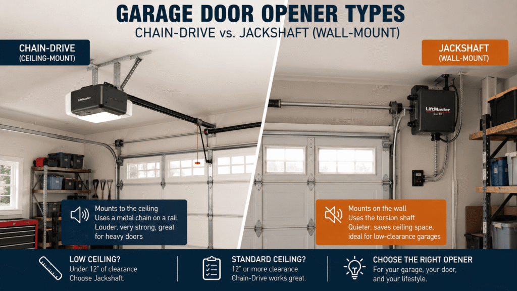 Split-frame comparison of a ceiling-mounted chain-drive garage door opener and a wall-mounted jackshaft opener
