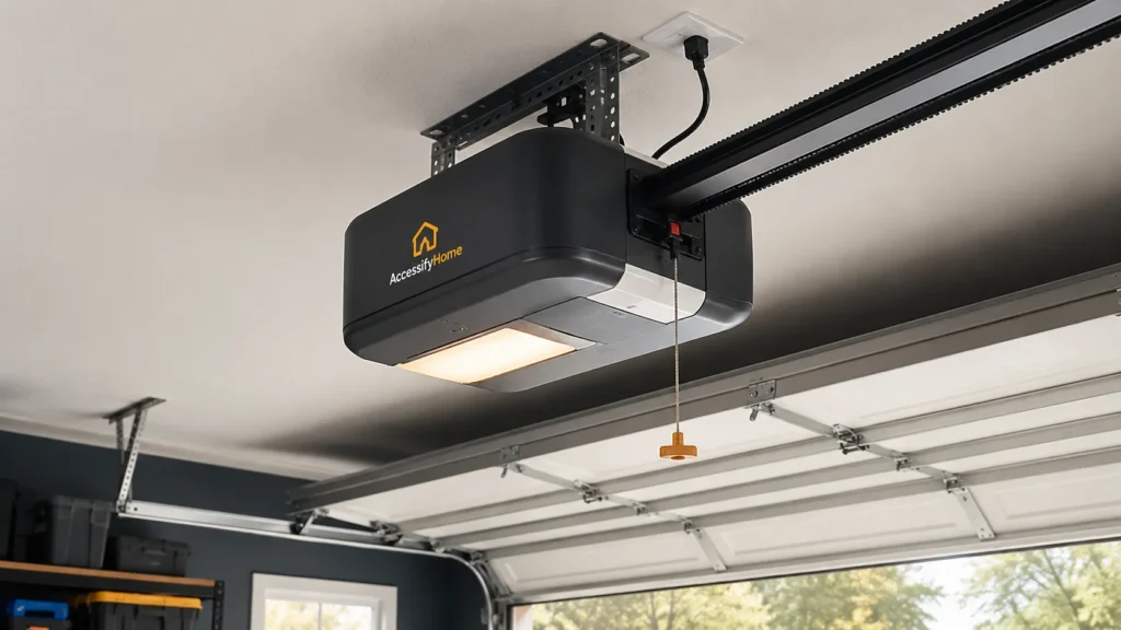 Modern belt-drive garage door opener mounted on a garage ceiling