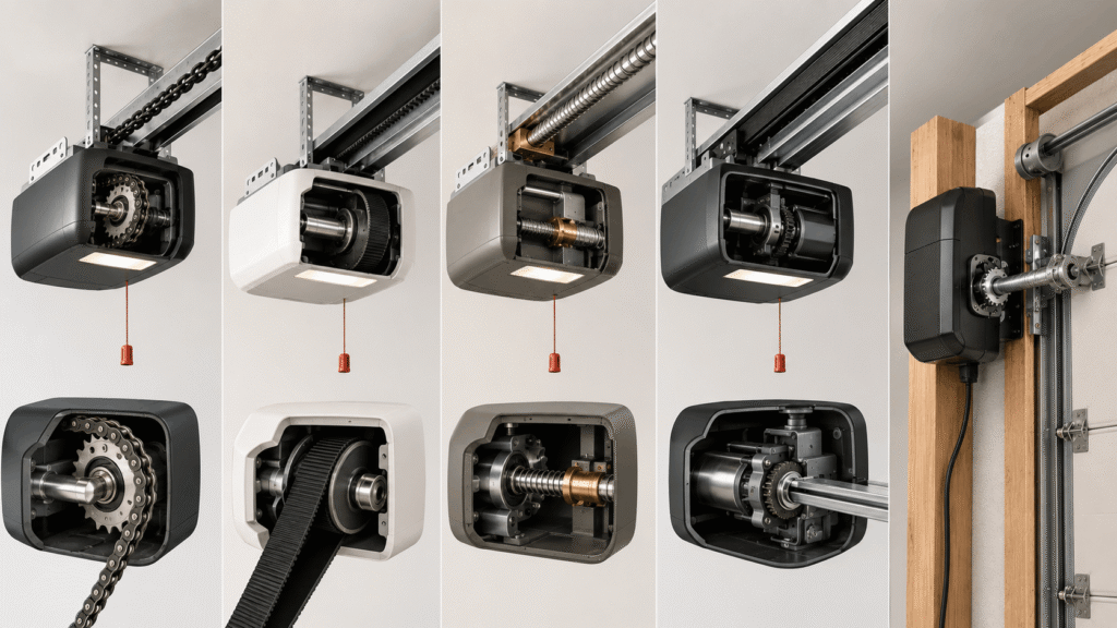 Five garage door opener drive mechanisms shown in a technical cutaway comparison