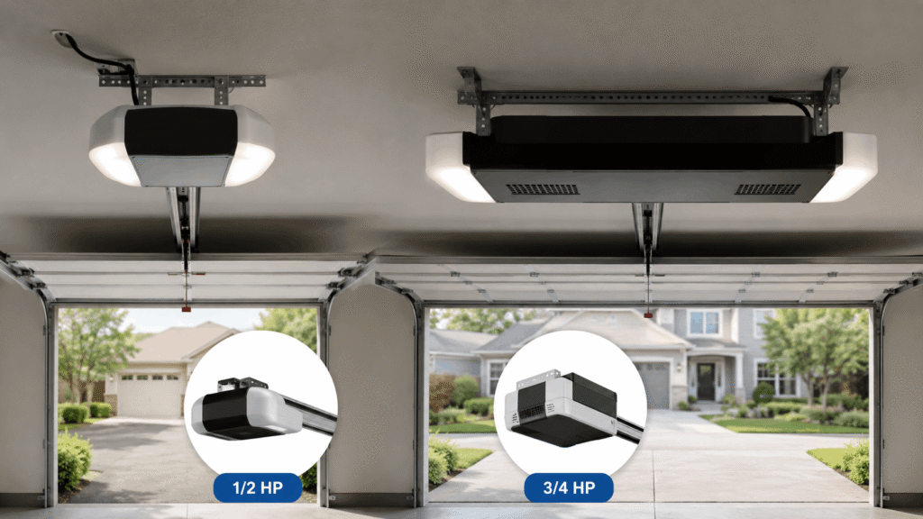 Single vs double garage door opener rail comparison showing 1/2 HP vs 3/4 HP systems