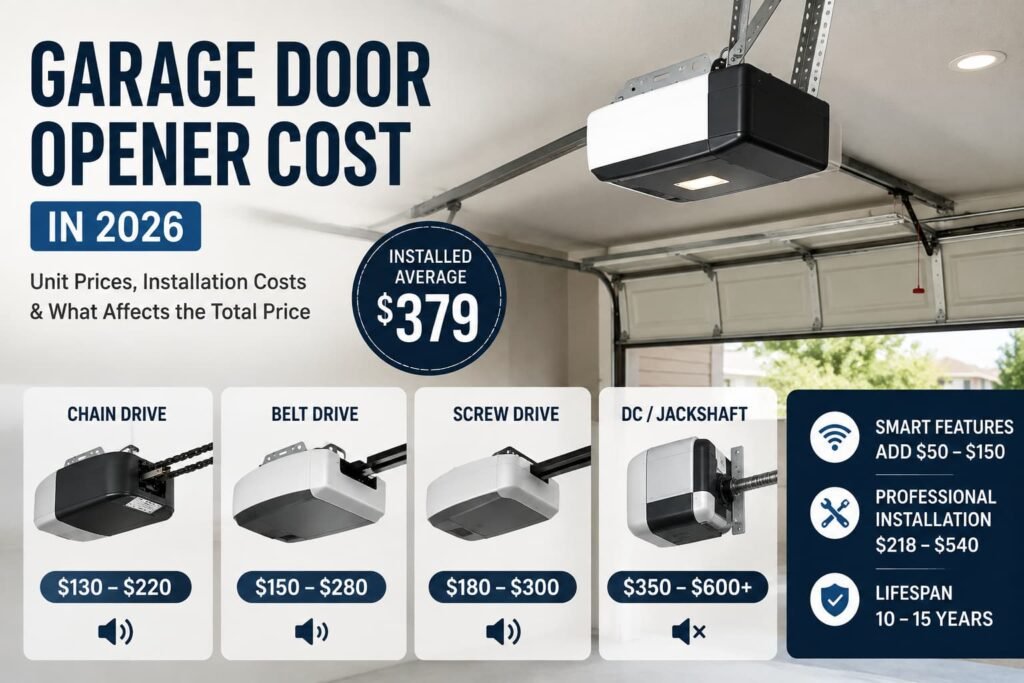 Garage door opener cost infographic showing prices by drive type and installation costs in 2026